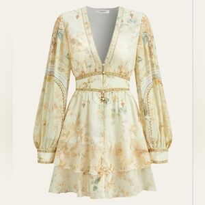 Commense Cream Floral Chiffon Long Sleeve Dress